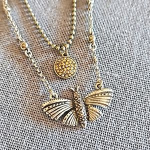 Lucky brand butterfly 2 layer necklace pave marcasite silver gold combo crystals